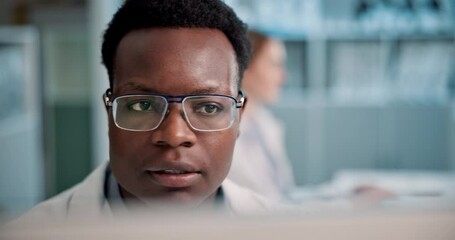 Aufkleber - Scientist, man and thinking with computer in laboratory for medical research or pharmaceutical results with glasses. Black professional, science expert or problem solving on study report and medicine