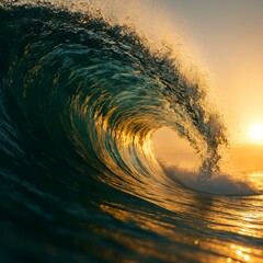 Wall Mural - Majestic Ocean Wave at Sunset with Golden Reflection on Surface