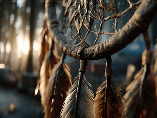 a cinematic close-up of a dreamcatcher, focus on the intricate web and feathers