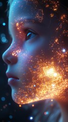Poster - Glowing Child's Face with Futuristic Cityscape Overlay: Conceptual Art of Innocence, Technology, and Imagination