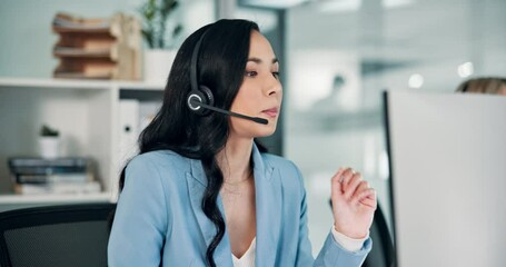 Poster - Customer service, business and woman on computer in office for talking, call center and consulting. Corporate communication, professional and person for contact, crm support and virtual assistant