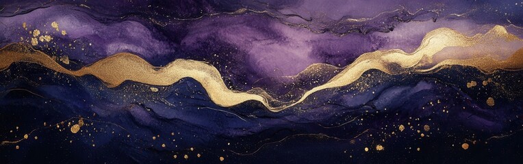 Leinwandbilder - Elegant abstract waves of gold shimmer across a canvas of deep indigo and lavender, creating a luxurious and artistic watercolor background.