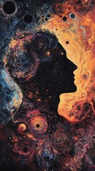 Poster - A mystical depiction of a man's profile filled with cosmic elements, symbolizing the inner universe and human connection to the co