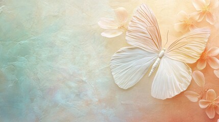 Poster - Ethereal Composition of a Butterfly, Pastel Flowers, and Textured Background for Dreamy and Artistic Designs