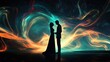 © vadosloginov - Silhouetted couple embracing against a surreal cosmic background with swirling nebulae and shimmering starlight, symbolizing eternal love