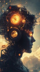 Poster - Futuristic Cyborg with Intricate Mechanical Headgear Gazing into a Golden Sky