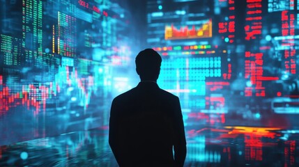 Aufkleber - Trader's silhouette filled with animated stock market charts, numbers, and data streams on a large screen in shades of blue and red