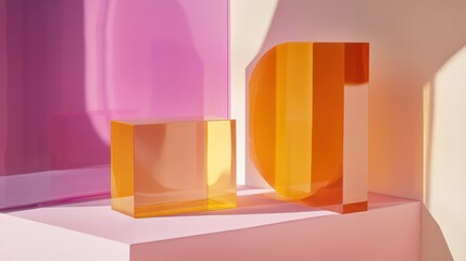 Leinwandbilder - Minimalist echo forms in amber and pink, subtle contrasts, creating a serene, modern aesthetic with refracted light and bold geome