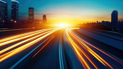 Wall Mural - Vibrant sunset over a bustling city highway with light trails from moving vehicles