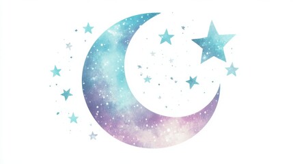 Fototapete - Soft silhouette of a moon with stars in pastel lavender and turquoise hues, creating a dreamy watercolor effect against a clean background.