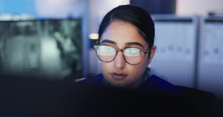 Aufkleber - Security guard, surveillance and woman on computer for cctv, observation or duty at night. Officer, monitor station and technology in control room with footage for safety, watch video and protection