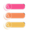© RDVector - Glass morphism search bar button set with magnifying glass icon. Web page pink, orange, yellow neon gradient design. Text input transparent website browser address line. Computer empty find in www.