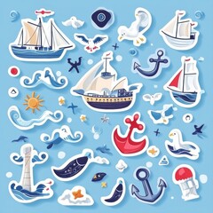 Leinwandbilder - Creative nautical sticker pack featuring anchors, ships, waves, seagulls, and sailor icons on a sea blue background for maritime enthusiasts and projects