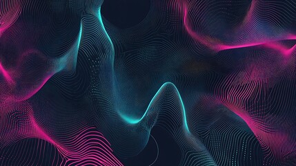Poster - Abstract Flowing Curves of Dotted Lines in Gradient Pink and Cyan on Dark Backdrop