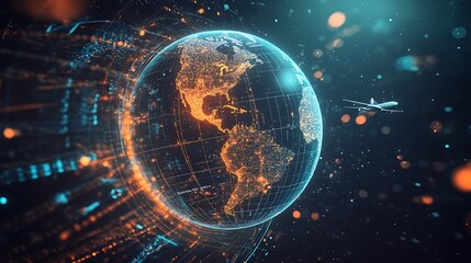 Aufkleber - Digital Globe with Orange Continents and Airplane Against a Dark Teal Background