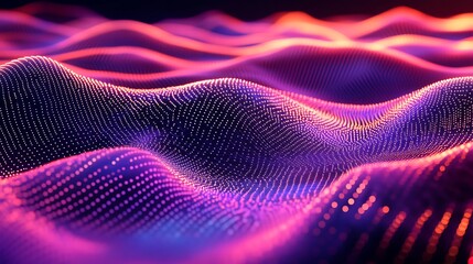 Poster - Glowing Network Abstract Waves of Purple and Pink Dotted Lines on Dark Backdrop