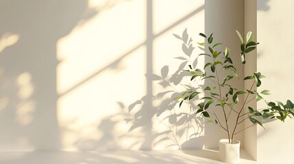 Aufkleber - Indoor Potted Plant with Green Leaves, Sunlit Interior, and Window Shadow on the Wall