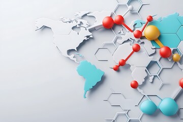 Poster - Isometric World Map with Connected Red Spheres and Blue Continents on White Grid
