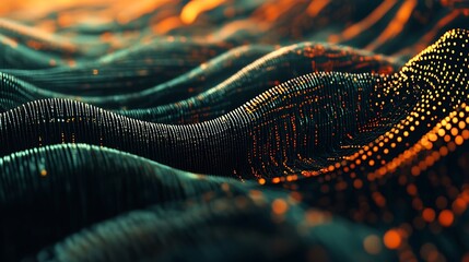 Aufkleber - Wavy Digital Landscape with Orange Particles and Flowing Teal Lines Abstract Art