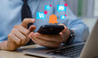 © Father_Studio - Businessman using smartphone with notification icons on virtual screen. Push notifications, email and message notifications, online shopping web, timetable work.