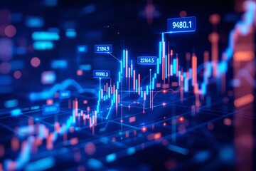 Wall Mural - abstract digital stock chart with glowing candlesticks and numerical data, futuristic graphic style 