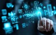 © mediavn - A hand interacting with a holographic interface displaying digital icons and data, set against a dark blue background. It represents technology, innovation, and the future of digital interaction.
