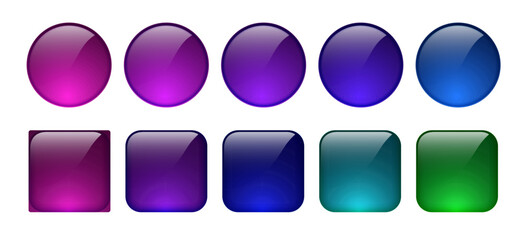 set of glossy gradient buttons in round and square shapes featuring purple, blue, teal, and green co