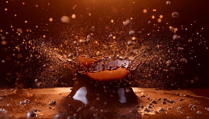 Wall Mural -  Caramelized chocolate explosion with amber tones and fine droplets suspended, side lighting 