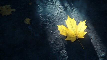 Illuminated autumn leaf on textured pavement.
