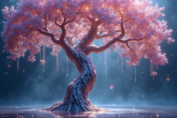 Wall Mural - Snowy winter night landscape with a solitary tree against a blue sky