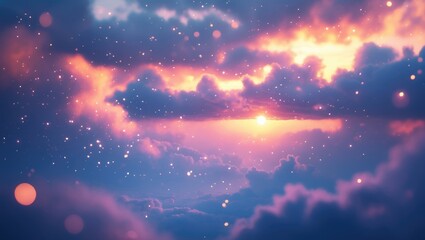 Wall Mural - blurred background featuring colorful sunset and rainy sky above a cloudy horizon