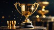 © MetaPixel - Metallic gold glasses positioned on an aged wooden table background, leaving space for text. Golden table showcasing a trophy on a dark background. Ready for a festive design. Cheerful light backdrop.