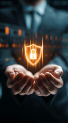 Wall Mural - glowing shield with lock icon, cradled in hands, symbolizes digital security, data protection, and o