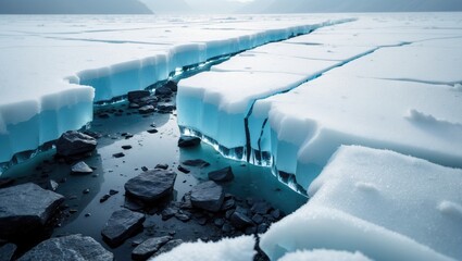 significant fissure in ice exposing dry rocks concealed below.