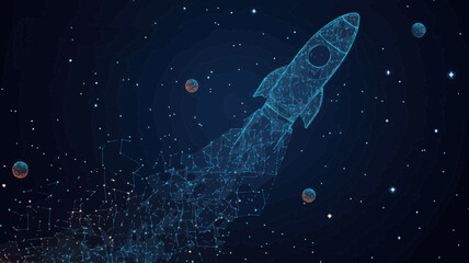 Wall Mural - abstract rocket launch in starry space universe with planets and stars, minimalist wireframe vector 