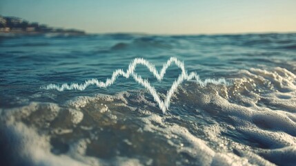 Fototapete - Ocean waves create a heartbeat line symbolizing life and the power of water at sunset