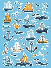 Leinwandbilder - Nautical sticker pack featuring anchors, ships, waves and seagulls over a vibrant sea blue background