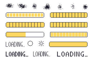 Wall Mural - pixel art loading bar interface. 8 bit game progress button elements set and text. waiting signs in 