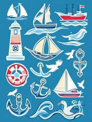 Leinwandbilder - Explore nautical adventures with a vibrant sticker pack featuring anchors, ships, waves, and seagulls over a sea blue background