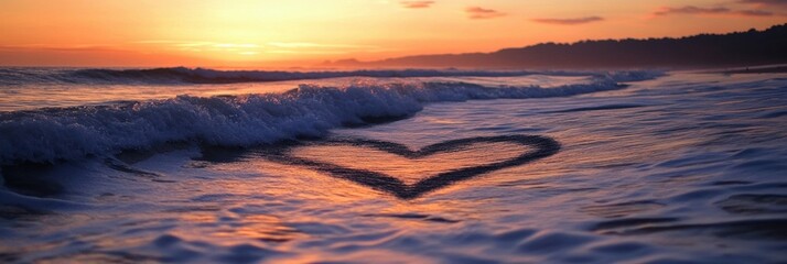 Fototapete - Ocean waves creating a heartbeat line symbolizing the connection between life and water at sunset