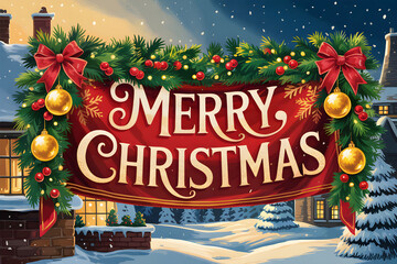 Wall Mural - merry christmas banner hanging between houses during snowfall