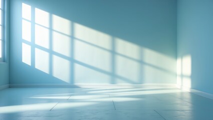 Leinwandbilder - Smooth floor and light blue blank wall featuring intriguing light glare. Background for presentations.