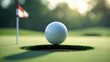 © -Quantum Pixels- - Golf ball resting on green beside flag. Shallow depth of field focusing on the ball.