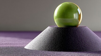 Poster - A glossy, lime-green sphere rests atop a grey, conical mound on a textured purple surface