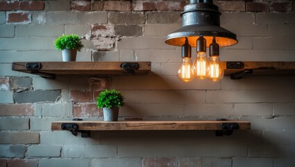 Poster - Chandelier Displayed on a Wall with Shelving in a Loft