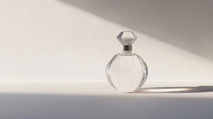 Clear glass perfume bottle on a light background.