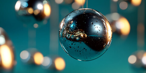 Fototapete - Close-up of a hanging, reflective sphere with water droplets, showcasing metallic texture against a teal background Other blurred spheres are visible, creating a sense of depth and mystery