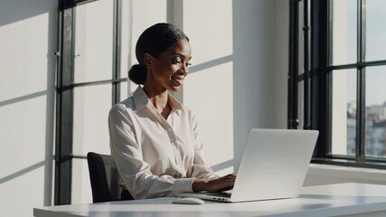 Aufkleber - Natural light illuminates a young african american businesswoman sitting at her desk, focused on her laptop and seemingly enjoying her work in a contemporary office setting