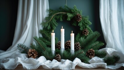 Poster - Christmas cards in Scandinavian style showcasing white fabric and a wreath with white candles.