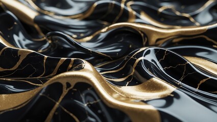 Poster - Natural Black Marble Featuring Golden Veins, Background Pattern, Abstract Design in Black, White, and Gold, High-Gloss Marble Stone Texture for Digital Tile Creation.